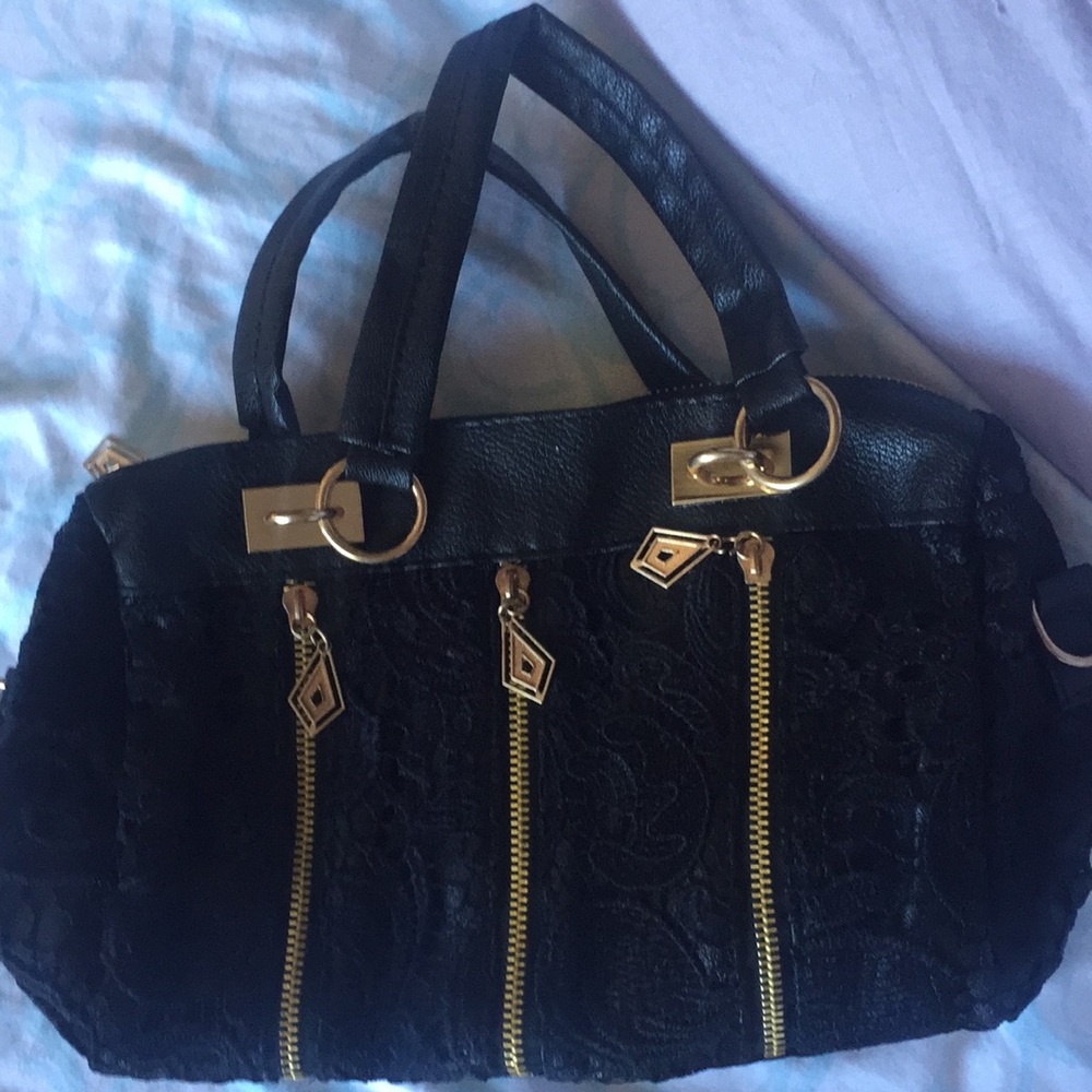 Black lace over leather hobo